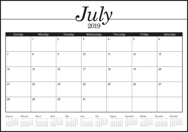 Июль 2019 векторная иллюстрация настольного календаря, простой и чистый дизайн
. - Вектор,изображение
