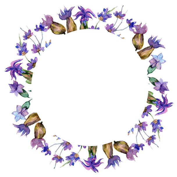 Purple lavender flowers. Spring wildflowers. Watercolor background illustration. Wreath frame border. - Fotoğraf, Görsel