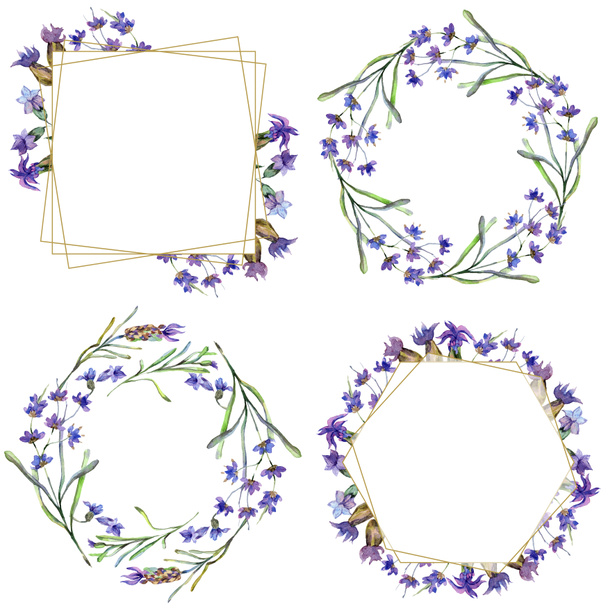 Purple lavender flowers. Wild spring leaves. Watercolor backgrounds set. Square, round, wreath and golden crystal frames set.  - Foto, afbeelding