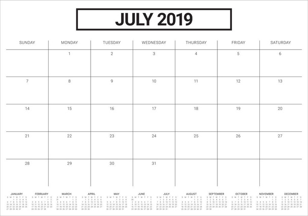 Července 2019 stolní kalendář vektorové ilustrace, jednoduchý a čistý design. - Vektor, obrázek