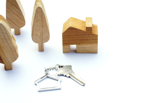 Home key with house keychain and wooden tree mock up on vintage white background, property concept, copy space - Photo, Image