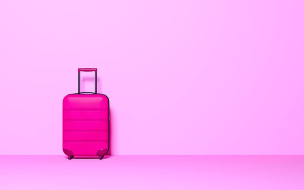 Suitcase on pastel pink background. Travel concept. Minimal style. Copy space. 3D rendering - Foto, Imagen