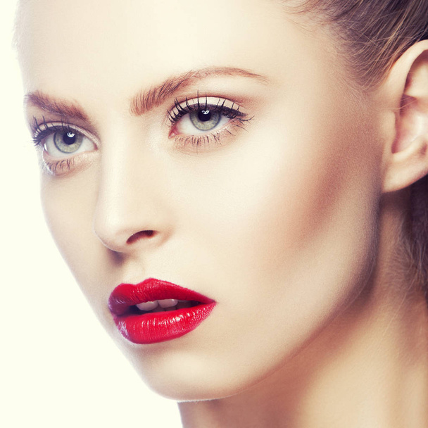 Portrait of woman with modern red lips makeup - Photo, Image