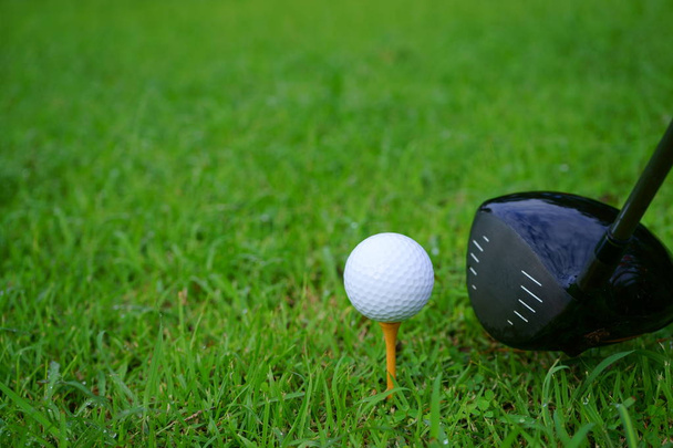 Golf ball and tee with gold course background ready to tee off, copy space - Fotografie, Obrázek