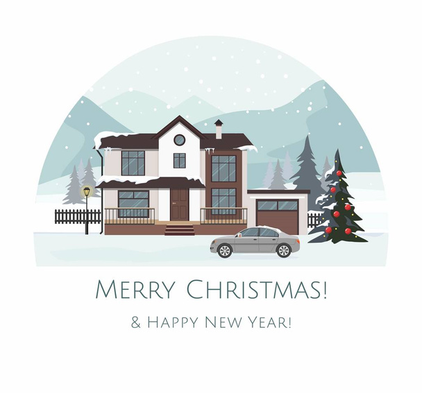 Christmas greeting card. Modern cottage with gray car and Layers of mountain landscape.  - Vector, Image