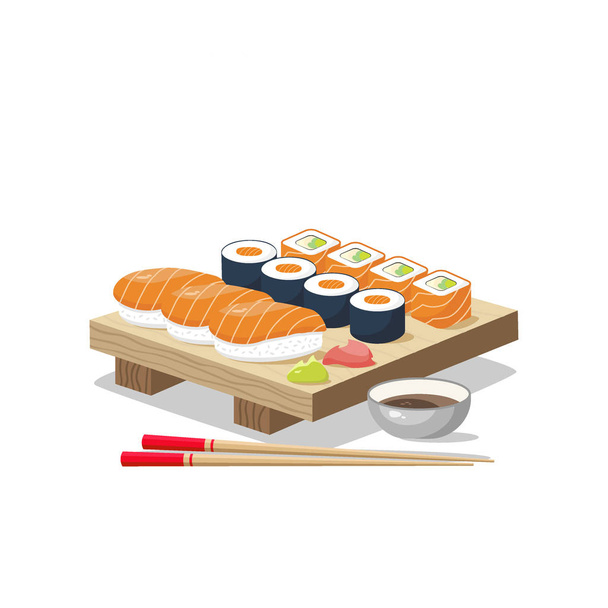 Icon set of sushi menu. Asia cuisine restaurant delicious. On the board are sushi rolls, wasabi, ginger, chopsticks and soy sauce. Vector illustration - Vecteur, image