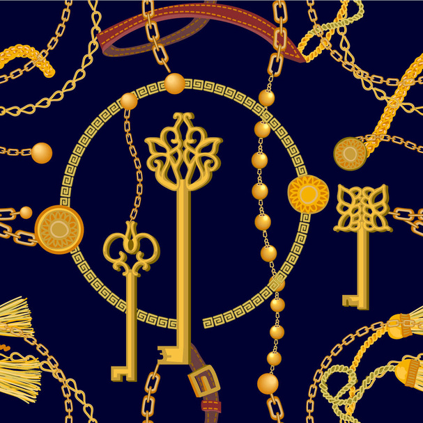 Fashion print with keys, chains, beads and coins. - Vector, Imagen