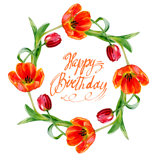 Amazing red tulip flowers with green leaves. Happy Birthday handwriting monogram calligraphy. Watercolor background illustration. Frame border ornament wreath. - Photo, Image