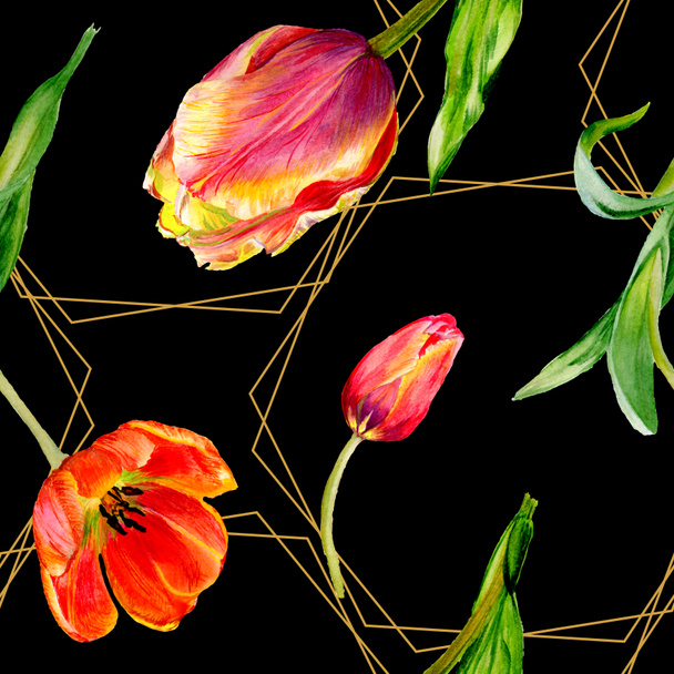 erstaunliche rote Tulpenblüten mit grünen Blättern. handgezeichnete botanische Blumen. Aquarell-Hintergrundillustration. nahtloses Muster. Stoff Tapete drucken Textur. - Foto, Bild