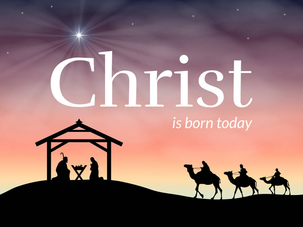 Joulun syntymä kohtaus vauva Jeesus seimessä Joosefin ja Marian kanssa
. - Vektori, kuva