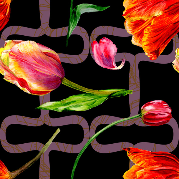 Increíbles flores de tulipán rojo con hojas verdes. Flores botánicas hechas a mano. Ilustración de fondo acuarela. Patrón sin costuras. Textura de impresión de papel pintado de tela
. - Foto, Imagen