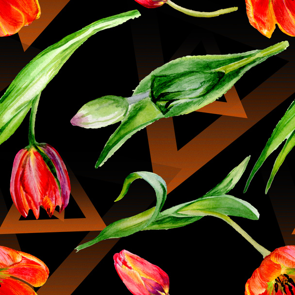 Increíbles flores de tulipán rojo con hojas verdes. Flores botánicas hechas a mano. Ilustración de fondo acuarela. Patrón sin costuras. Textura de impresión de papel pintado de tela
. - Foto, Imagen
