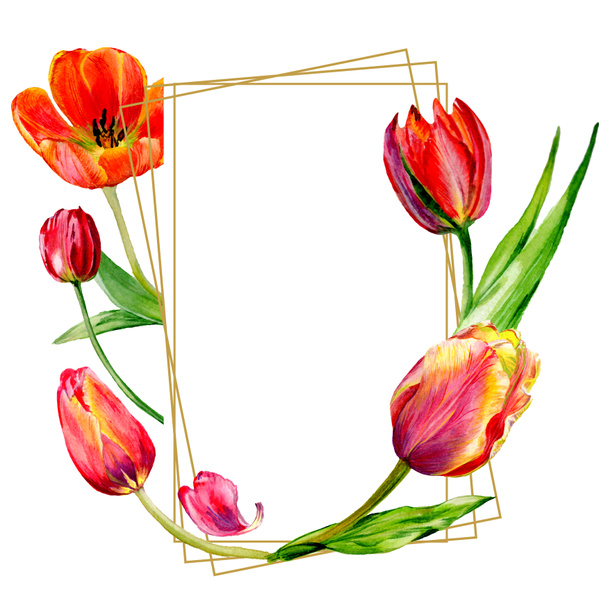 Incríveis flores de tulipa vermelha com folhas verdes. Flores botânicas desenhadas à mão. ilustração fundo aquarela. Moldura de cristal ornamento borda. Pedra de cristal de polígono de quartzo geométrico
. - Foto, Imagem