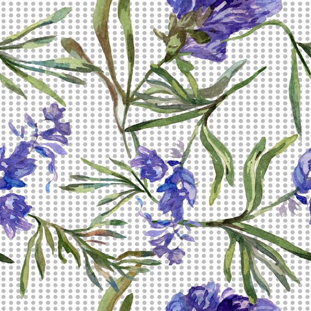Purple lavender flowers. Seamless background pattern. Fabric wallpaper print texture. Hand drawn watercolor background illustration. - Fotoğraf, Görsel