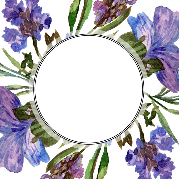 Purple lavender flowers. Wild spring flowers with green leaves. Watercolor background illustration. Round frame border. - Foto, afbeelding