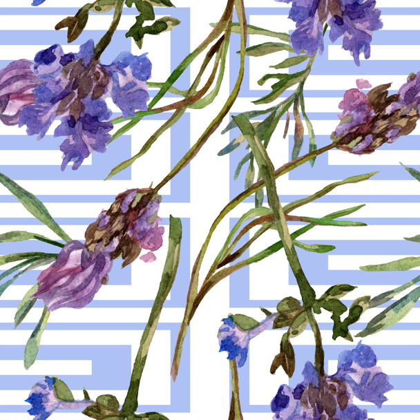 Purple lavender flowers. Seamless background pattern. Fabric wallpaper print texture. Hand drawn watercolor background illustration. - Fotoğraf, Görsel