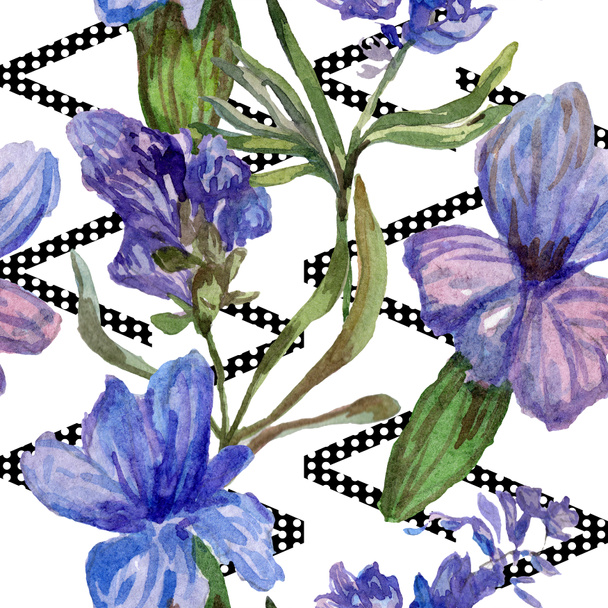 Purple lavender flowers. Seamless background pattern. Fabric wallpaper print texture. Hand drawn watercolor background illustration. - Foto, Imagen