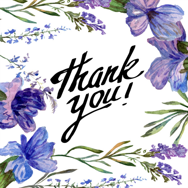 Purple lavender flowers. Thank you handwriting monogram calligraphy. Beautiful spring wildflowers. Watercolor background illustration. Frame border square. - Фото, изображение