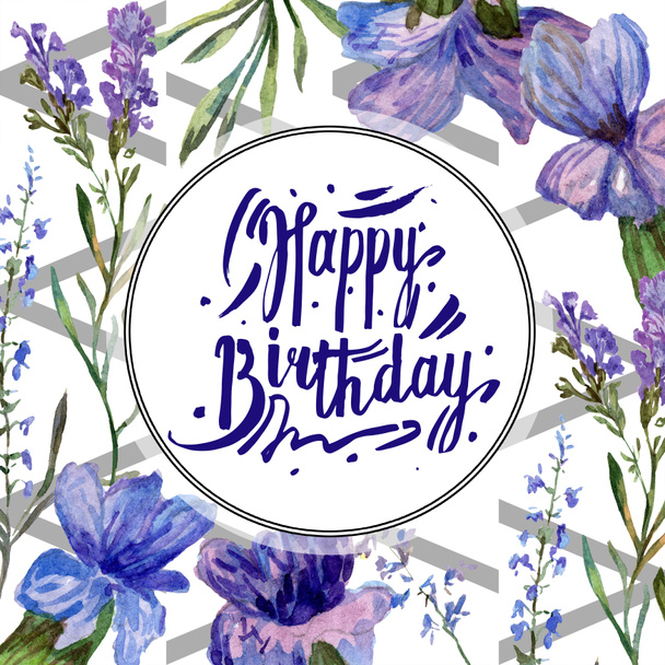 Purple lavender flowers. Happy Birthday handwriting monogram calligraphy. Wild spring leaves. Watercolor background illustration. Round frame border. - Zdjęcie, obraz