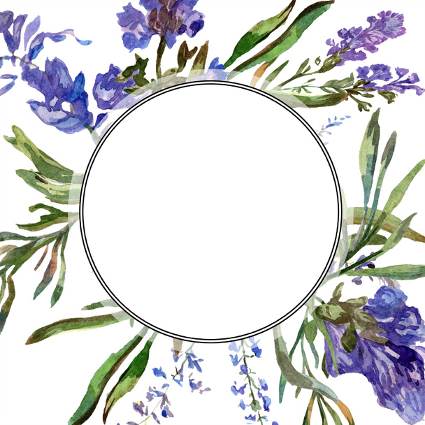 Purple lavender flowers. Wild spring flowers with green leaves. Watercolor background illustration. Round frame border. - Photo, Image