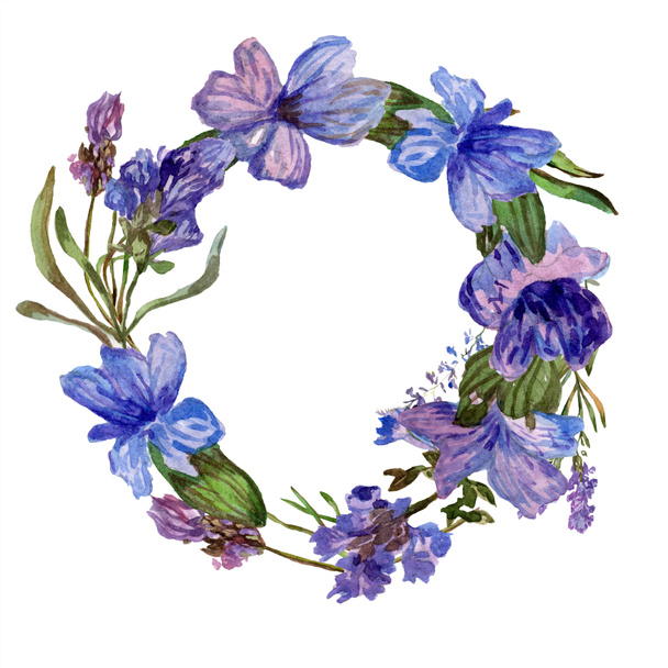 Purple lavender flowers. Spring wildflowers. Watercolor background illustration. Wreath frame border. - Fotografie, Obrázek