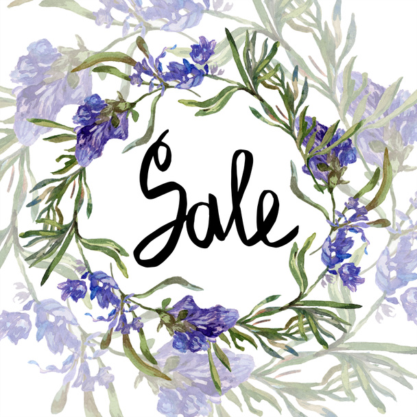 Purple lavender flowers. Sale handwriting monogram calligraphy. Wild spring leaves. Watercolor background illustration. Round frame border. - Foto, Imagen