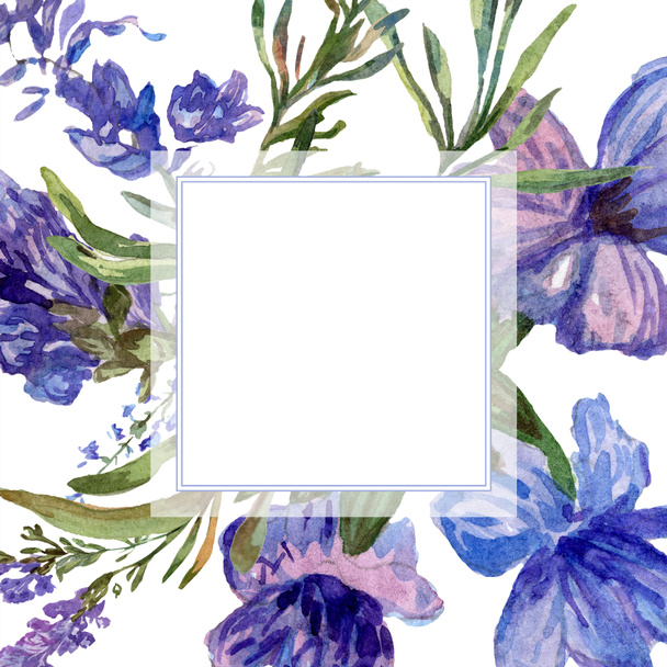 紫のラベンダーの花。野生の春の花。水彩画背景イラスト。フレーム境界線広場. - 写真・画像