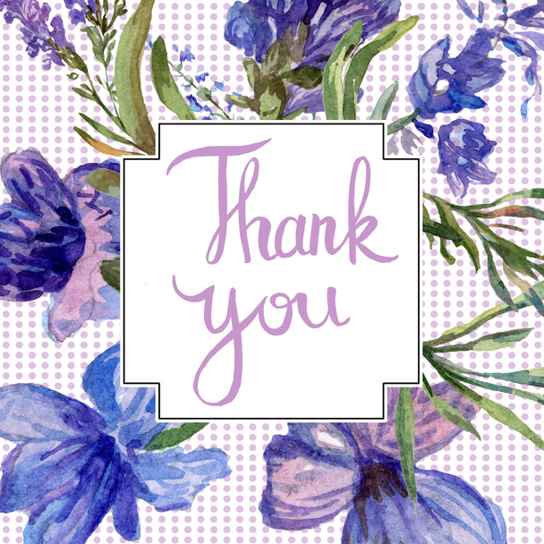 Purple lavender flowers. Thank you handwriting monogram calligraphy. Beautiful spring wildflowers. Watercolor background illustration. Frame border square. - Photo, Image