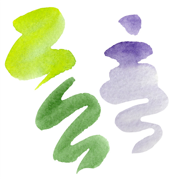 grüne, lind- und lila-abstrakte Aquarellpapier spritzt vereinzelt auf weiß. abstraktes Aquarell für Hintergrund, Textur, Wickelmuster. - Foto, Bild