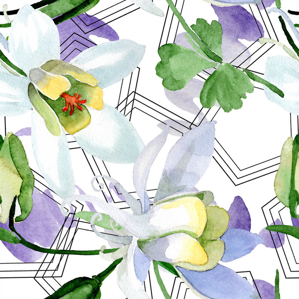 White aquilegia flowers. Beautiful spring wildflowers. Seamless background pattern. Fabric wallpaper print texture. Watercolor background illustration. - Foto, imagen