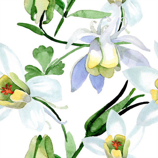 White aquilegia flowers. Beautiful spring wildflowers. Seamless background pattern. Fabric wallpaper print texture. Watercolor background illustration. - 写真・画像