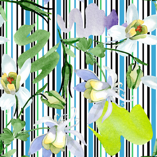 White aquilegia flowers. Beautiful spring wildflowers. Seamless background pattern. Fabric wallpaper print texture. Watercolor background illustration. - Фото, изображение