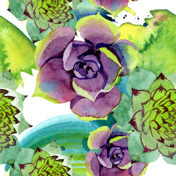 Amazing succulents. Watercolor background illustration. Seamless background pattern. Fabric wallpaper print texture. - Fotoğraf, Görsel