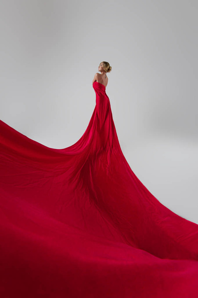blond woman in beautiful red dress - Fotoğraf, Görsel
