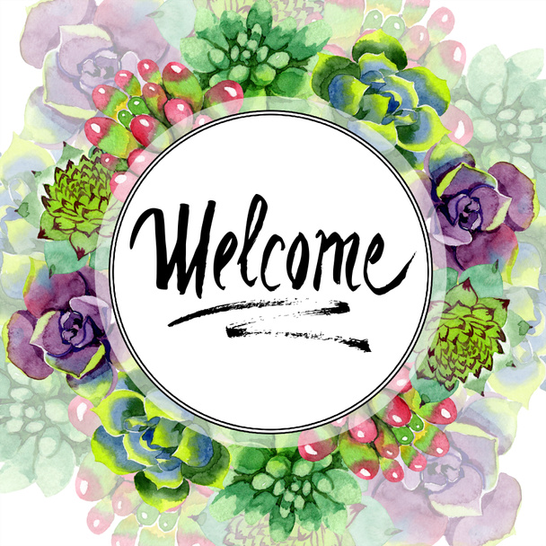 Amazing succulents. Welcome handwriting monogram calligraphy. Watercolor background illustration. Frame border ornament round. Aquarelle hand drawing succulent plants. - 写真・画像
