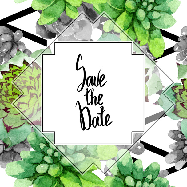 Amazing succulents. Save the Date handwriting monogram calligraphy. Watercolor background illustration. Geometric frame square. Aquarelle hand drawing succulent plants. - Photo, Image