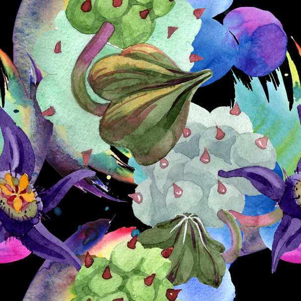 Duvalia flowers. Watercolor background illustration. Aquarelle hand drawn succulent plants. Seamless background pattern. Fabric wallpaper print texture. - Fotoğraf, Görsel
