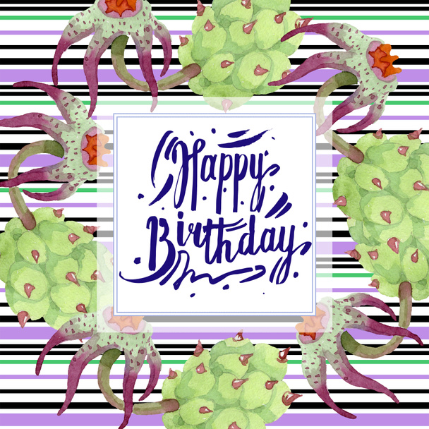 Duvalia flowers. Happy Birthday handwriting monogram calligraphy. Watercolor background illustration. Geometric frame square. Aquarelle hand drawing succulent. - Photo, Image