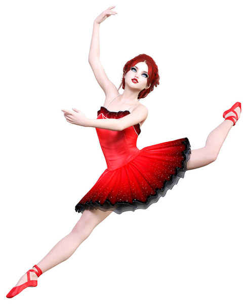 Dancing ballerina.Red ballet tutu.Redhead girl with blue eyes.Ballet dancer.Studio photography.High key.Conceptual fashion art.3D render realistic illustration.White background. - Valokuva, kuva