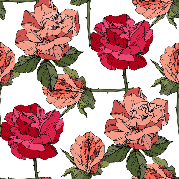 Beautiful vector roses. Wild spring leaves. Coral and red engraved ink art. Seamless background pattern. Fabric wallpaper print texture. - Vector, Image