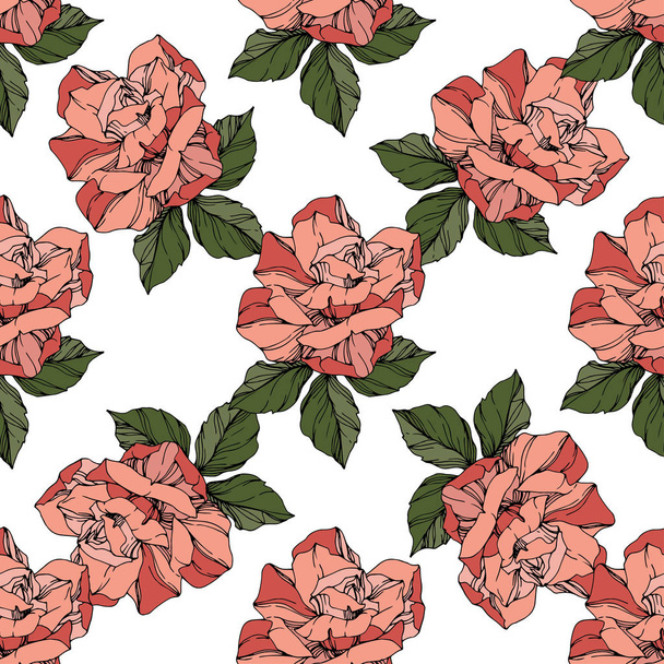 Beautiful vector roses. Wild spring leaves. Coral color engraved ink art. Seamless background pattern. Fabric wallpaper print texture. - Διάνυσμα, εικόνα