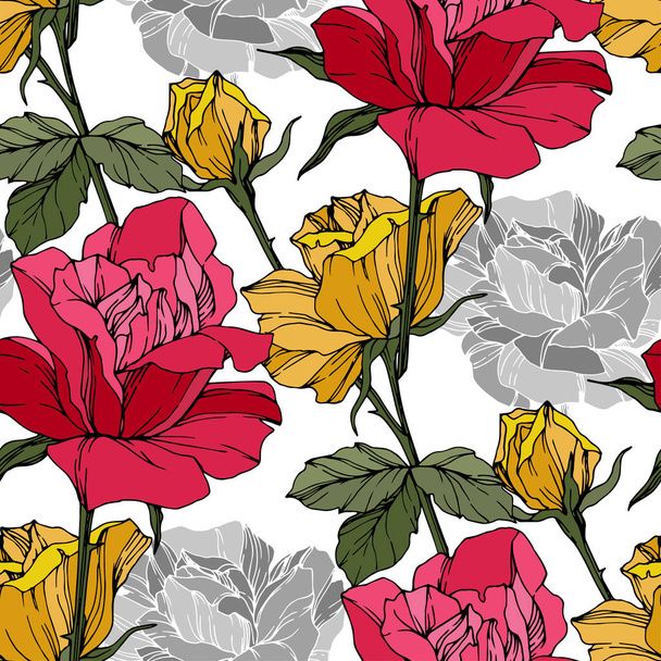 Beautiful vector roses. Wild spring leaves. Red and yellow engraved ink art. Seamless background pattern. Fabric wallpaper print texture. - Vektor, Bild