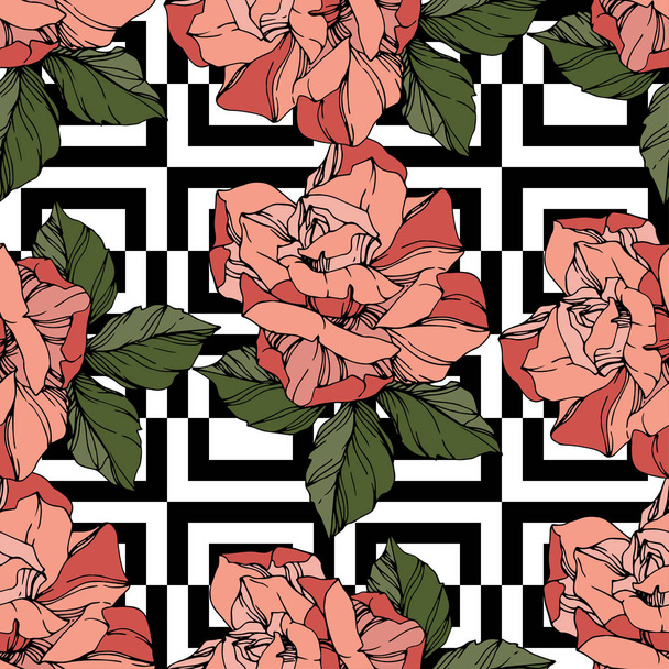Beautiful vector roses. Wild spring leaves. Coral color engraved ink art. Seamless background pattern. Fabric wallpaper print texture. - Vector, Imagen