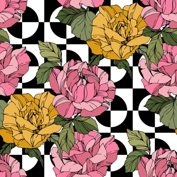 Beautiful vector roses. Wild spring leaves. Coral and yellow engraved ink art. Seamless background pattern. Fabric wallpaper print texture. - Vettoriali, immagini