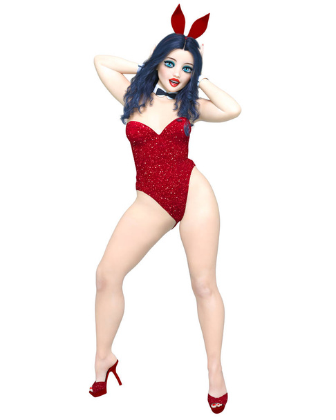 Bunny Girl. Sexy woman long legs in red corset. Red swimsuit and shoes. Conceptual fashion art. Blue eyes. Seductive candid pose. Realistic 3D render illustration. Isolate. Studio. - Valokuva, kuva