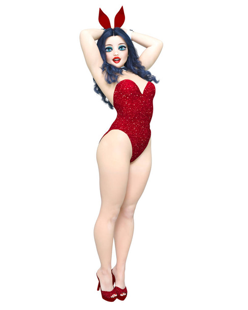 Bunny Girl. Sexy woman long legs in red corset. Red swimsuit and shoes. Conceptual fashion art. Blue eyes. Seductive candid pose. Realistic 3D render illustration. Isolate. Studio. - Valokuva, kuva