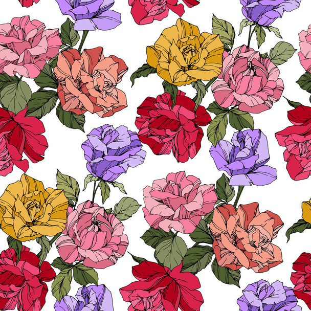 Beautiful vector roses. Floral botanical flowers. Wild spring leaves. Red, yellow and purple engraved ink art. Seamless background pattern. Fabric wallpaper print texture. - ベクター画像