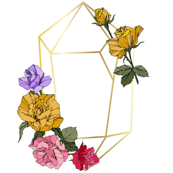Vektorrosen. Blütenbotanische Blumen. rot, rosa und gelb gravierte Tuschekunst. Rahmen goldener Kristall. geometrische Polygon-Kristallform. - Vektor, Bild