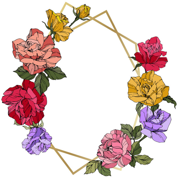 Vector Roses. Floral botanical flowers. Red, pink and yellow engraved ink art. Frame golden crystal. Geometric polygon crystal shape. - Vektor, Bild