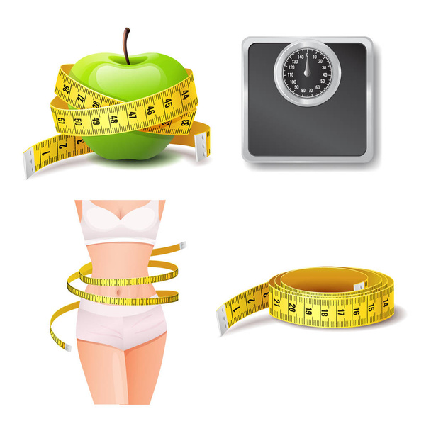 Conjunto de ícone de saúde e cuidados com o corpo, dieta e perda de peso
 - Vetor, Imagem